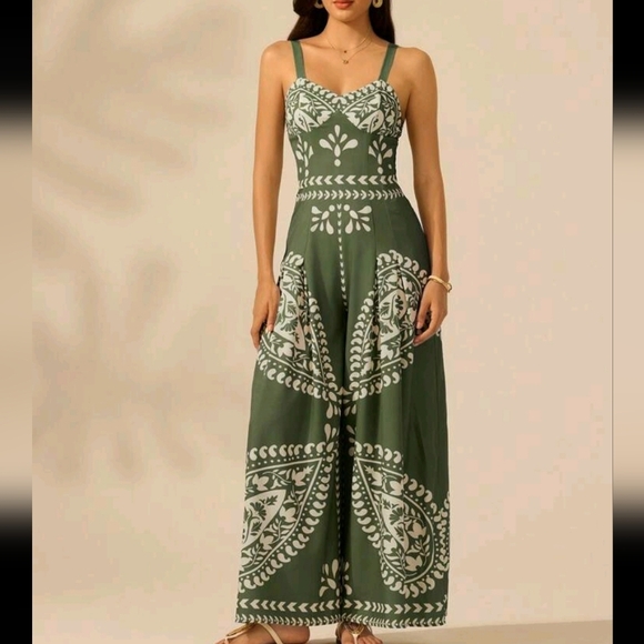 Resort Boho Tropical Print Sleeveless Strap Wide Leg Jumpsuit, Green And Beige - Picture 1 of 6